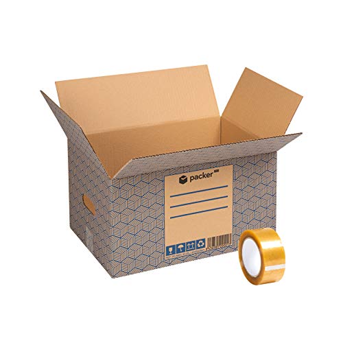 packer PRO Pack 20 Cajas Carton Mudanza y Almacenaje Ultra Resistentes con Asas y Cinta Adhesiva 430x300x250mm