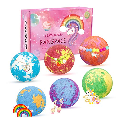 Panspace bombas de baño para niños, 6 bombas de baño naturales para niños con juguetes sorpresa en el interior, bombas de baño para niñas con adornos