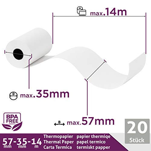 Papel térmico 57mm x 14m x 12mm - Ideal para máquinas de tarjetas de Crédito - Rollos ideal para todos los TPV y las impresora térmica - (57x35x12) Blanco -Sin BPA (20 Rollos )