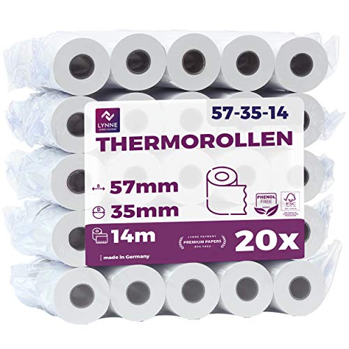 Papel térmico 57mm x 14m x 12mm - Ideal para máquinas de tarjetas de Crédito - Rollos ideal para todos los TPV y las impresora térmica - (57x35x12) Blanco -Sin BPA (20 Rollos )