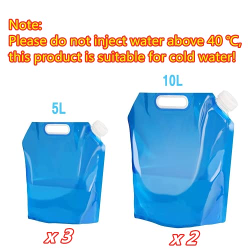 Paquete de 5 Bidón de Agua Plegable, portátil Plegable Agua Potable Depósito de Agua Tanque de Agua fría Plegable para Acampar, Senderismo, Viajes (3 * 5L + 2 * 10L)