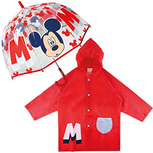 Paraguas Transparente Infantil y Chubasquero Pack Mickey Mouse – Paraguas Infantil Burbuja y Chubasquero Niño Impermeable con Capucha | Pack Paraguas Transparente e Impermeable para Vuelta al Cole