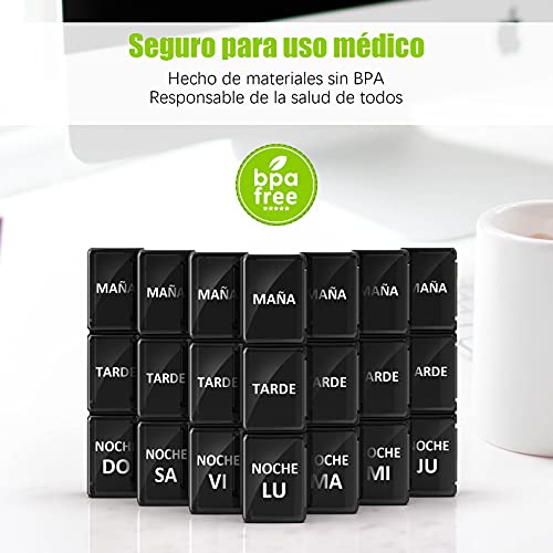 Pastillero Semanal 3 Tomas Español, Jaduoher Grande Organizador Medicamentos 7 Dias Diaria con 21 Compartimentos (Negro)