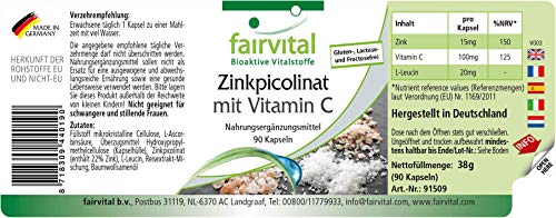Picolinato de Zinc con Vitamina C - Dosis alta - 90 Cápsulas - con 15mg de zinc por cápsula - Calidad Alemana