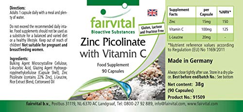 Picolinato de Zinc con Vitamina C - Dosis alta - 90 Cápsulas - con 15mg de zinc por cápsula - Calidad Alemana