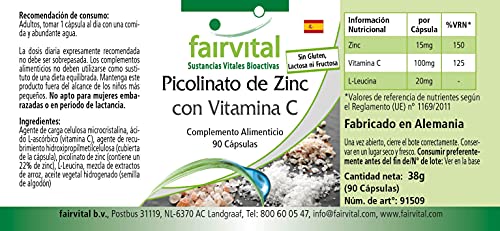 Picolinato de Zinc con Vitamina C - Dosis alta - 90 Cápsulas - con 15mg de zinc por cápsula - Calidad Alemana