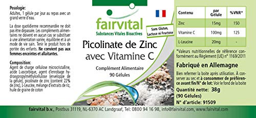 Picolinato de Zinc con Vitamina C - Dosis alta - 90 Cápsulas - con 15mg de zinc por cápsula - Calidad Alemana