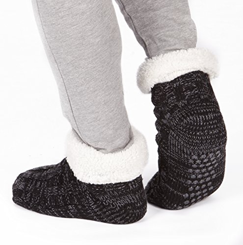 Pierre Roche Hombre Punto Grueso Completamente Forro Polar Pantuflas/Calcetines con pinza de Suelas - Negro, One Size
