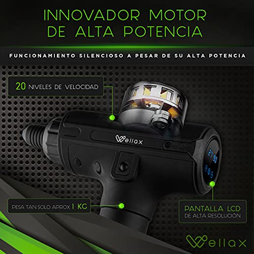 Pistola de masaje Wellax - Potente pistola de masaje con 11 cabezales de masaje [2600 mAh] - Pistola de masaje con pantalla LED y bolsa de transporte - Hombros y cuello