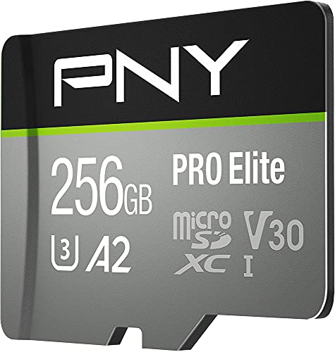 PNY Tarjeta de memoria microSDXC PRO Elite 256GB + Adaptador SD, Clase 10 UHS-I, U3, V30 para vídeo de 4K, A2 App Performance, Hasta 100MB/s de velocidad de lectura