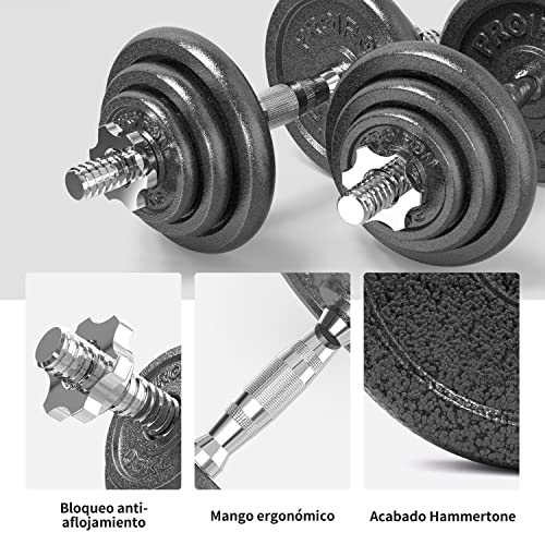 PROIRON Mancuernas ajustables 20kg conjunto con pesas barra y discos, convertido en perfecta haltera para culturismo, aptitud, halterofilia, ejercicios de gimnasio doméstico, banco de pesas