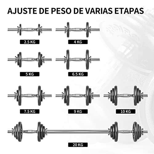 PROIRON Mancuernas ajustables 20kg conjunto con pesas barra y discos, convertido en perfecta haltera para culturismo, aptitud, halterofilia, ejercicios de gimnasio doméstico, banco de pesas