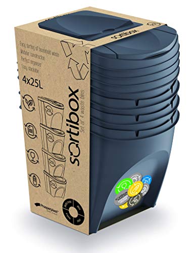 Prosperplast Juego de 4 cubos de reciclaje 100L Sortibox de plastico en color antracita, 4x25L
