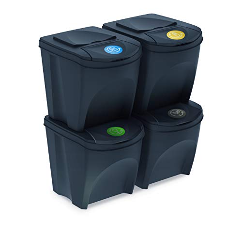 Prosperplast Juego de 4 cubos de reciclaje 100L Sortibox de plastico en color antracita, 4x25L