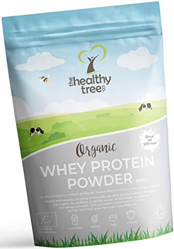 Proteína de Suero de Leche Orgánico en Polvo (300 g) - Sin Sabor y Alto en BCAA con 15g Cucharada Gratis - 80% Proteína Whey Pura de Vacas Alimentadas por Hierba de TheHealthyTree Company