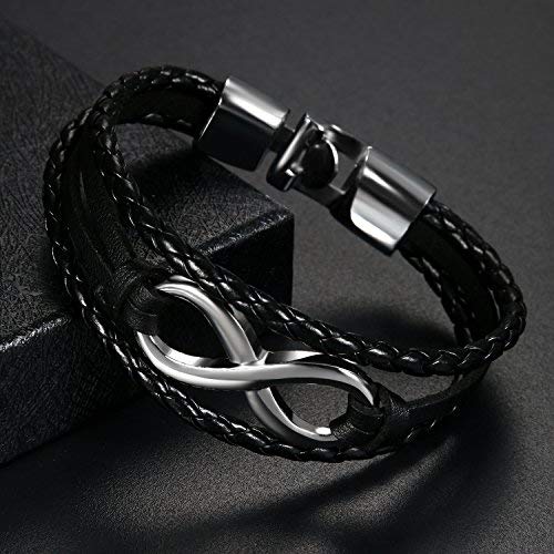 Pulsera Infinito Piel con Acero Hombre Mujer Brazalete Símbolo Infinito Joyería de Moda Regalo Navidad San Valentin