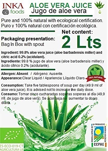 Puro Jugo de Aloe Vera - 100% natural y orgánico. 2 Litros familiar