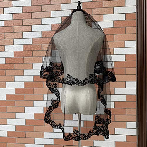 QERMULA, 2 Niveles, Disfraz de Cosplay de Halloween para Mujer, Mantilla Negra, Velo de Novia Bordado, Encaje Floral, Tul Transparente, Accesorios para el Cabello con Peine, Velo de Novia Negro