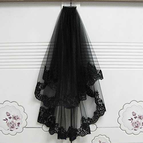 QERMULA, 2 Niveles, Disfraz de Cosplay de Halloween para Mujer, Mantilla Negra, Velo de Novia Bordado, Encaje Floral, Tul Transparente, Accesorios para el Cabello con Peine, Velo de Novia Negro