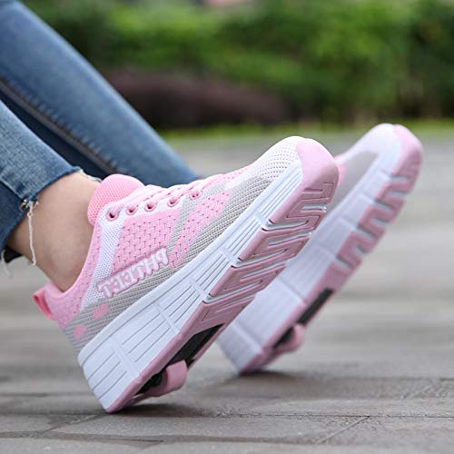 qmj Zapatos con Ruedas para Niños para Niños Niñas Zapatillas Deportivas Multifuncionales 2 En 1 con Rueda Retráctil Zapatillas para Skateboard,Pink-EU33