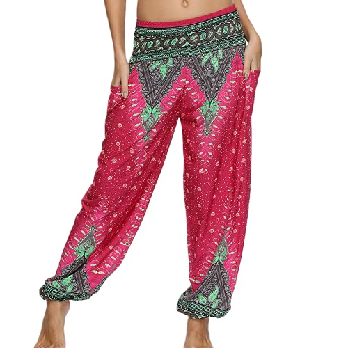 QTJY Pantalones Holgados de Playa cómodos para Mujer Pantalones Hippie gitanos Bohemios Cintura elástica Pantalones Sueltos Casuales de Aladdin H L