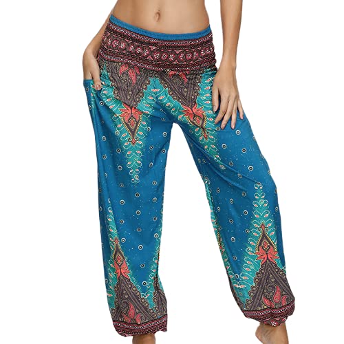 QTJY Pantalones Holgados de Playa cómodos para Mujer Pantalones Hippie gitanos Bohemios Cintura elástica Pantalones Sueltos Casuales de Aladdin H L
