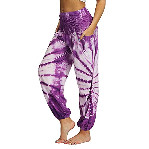 QTJY Pantalones Holgados de Playa cómodos para Mujer Pantalones Hippie gitanos Bohemios Cintura elástica Pantalones Sueltos Casuales de Aladdin H L