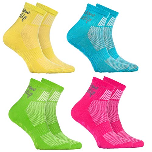 Rainbow Socks - Niño Niña Deporte Calcetines Antideslizantes ABS de Algodón - 4 Pares - Amarillo Turquesa Verde Rosa - Talla 30-35