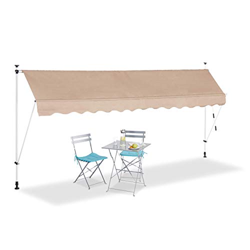 Relaxdays, Beige, Toldo Vela, Retráctil, Protección Solar, Enrollable, Sin Taladro, Ajustable, 400 cm, 400 x 120 cm