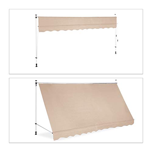 Relaxdays, Beige, Toldo Vela, Retráctil, Protección Solar, Enrollable, Sin Taladro, Ajustable, 400 cm, 400 x 120 cm