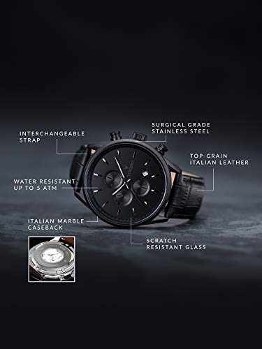 Reloj de Pulsera Chrono S de Lujo para Caballeros Vincero – Negro Mate con Correa de Cuero Negro – Reloj Cronógrafo de 43mm – Movimiento de Cuarzo Japonés