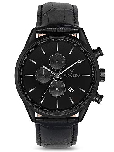 Reloj de Pulsera Chrono S de Lujo para Caballeros Vincero – Negro Mate con Correa de Cuero Negro – Reloj Cronógrafo de 43mm – Movimiento de Cuarzo Japonés