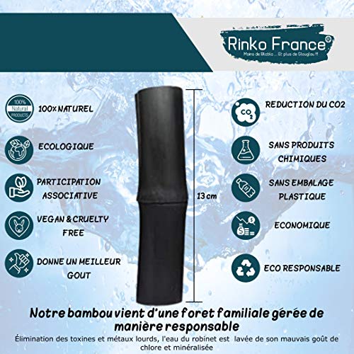 Rinko France| Binchotan de bambú con 7 varillas de carbón activo de bambú orgánico para purificación de agua 100% eficiente y ecológico, antigoteo y con pinza elegante de bambú y libro electrónico