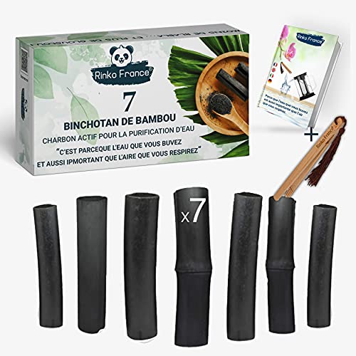 Rinko France| Binchotan de bambú con 7 varillas de carbón activo de bambú orgánico para purificación de agua 100% eficiente y ecológico, antigoteo y con pinza elegante de bambú y libro electrónico