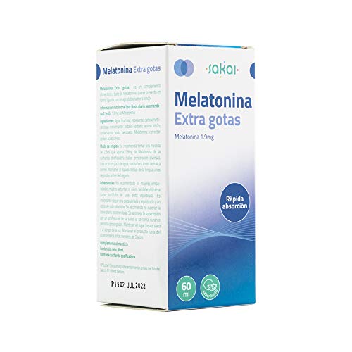 Sakai – Melatonina Extra gotas, frasco 60 mililitros. Conciliación rápida del Sueño. Fácil dosificación, 1,9mg de Melatonina por dosis. Sabor limón.