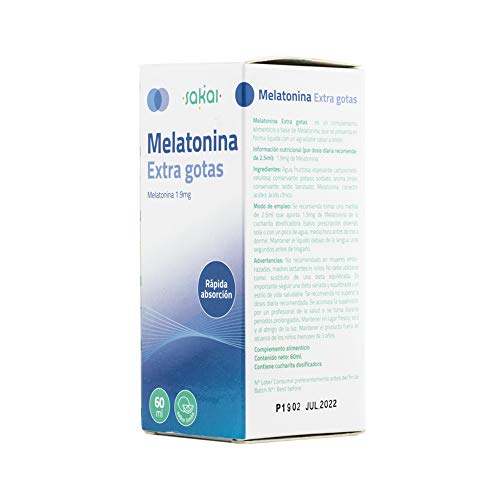 Sakai – Melatonina Extra gotas, frasco 60 mililitros. Conciliación rápida del Sueño. Fácil dosificación, 1,9mg de Melatonina por dosis. Sabor limón.