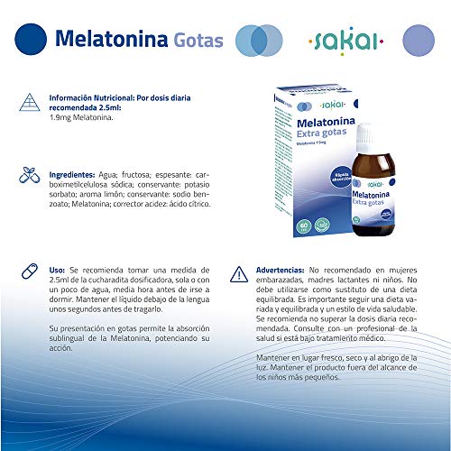 Sakai – Melatonina Extra gotas, frasco 60 mililitros. Conciliación rápida del Sueño. Fácil dosificación, 1,9mg de Melatonina por dosis. Sabor limón.