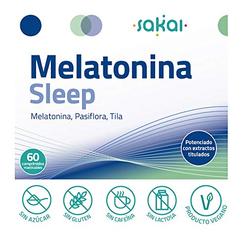 Sakai - Melatonina Sleep 60 comprimidos masticables- Conciliación rápida del Sueño- Efecto Duradero- Dormir bien- Melatonina, Pasiflora y Tila- 1,9mg de Melatonina- Descanso Prolongado y Reparador
