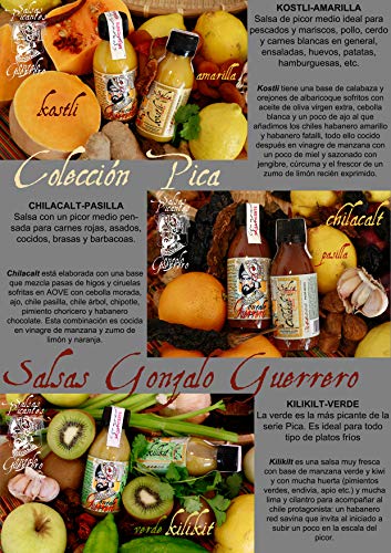 Salsas Artesanas Picantes GONZALO GUERRERO. Pack de 3 Unidades de 120ml. KOSTLI-AMARILLA, CHILACALT-PASILLA, KILIKILT-VERDE.