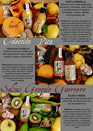 Salsas Artesanas Picantes GONZALO GUERRERO. Pack de 3 Unidades de 120ml. KOSTLI-AMARILLA, CHILACALT-PASILLA, KILIKILT-VERDE.