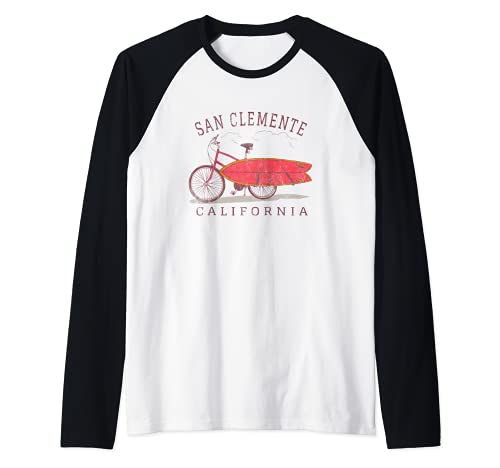 San Clemente California Surfing Fan Surfboard Bicicleta Art Camiseta Manga Raglan