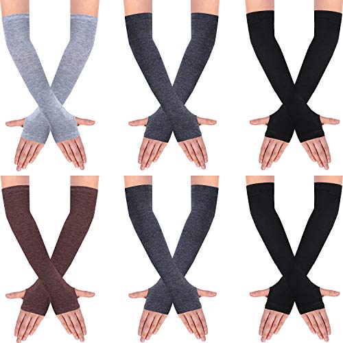 SATINIOR 6 pares Guantes Largos sin Dedos de Mujer Calentador de Brazo de Punto Guantes Elásticos con Agujero de Pulgar (Serie de Color Sólido)