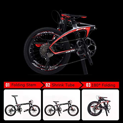 SAVADECK Z1 Bicicleta Plegable de Carbono,20 Pulgadas Bicicleta Plegable con Sistema de Cambio Shimano Sora de 9 velocidades y Freno de Disco Doble Bicicleta de Ciudad portátil pequeña(Rojo Negro)