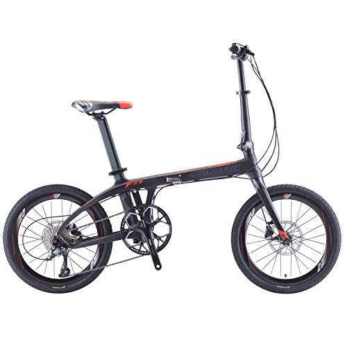 SAVADECK Z1 Bicicleta Plegable de Carbono,20 Pulgadas Bicicleta Plegable con Sistema de Cambio Shimano Sora de 9 velocidades y Freno de Disco Doble Bicicleta de Ciudad portátil pequeña(Rojo Negro)