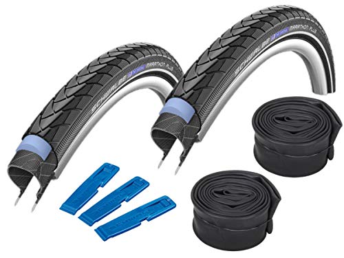 SCHWALBE Marathon Plus Modèle 2014 (37–622) 28 x 1,4 ", Set : 2 x pneu de vélo pour vélo de trekking ou de cross + 2 x tuyaux AV 17 Valve auto