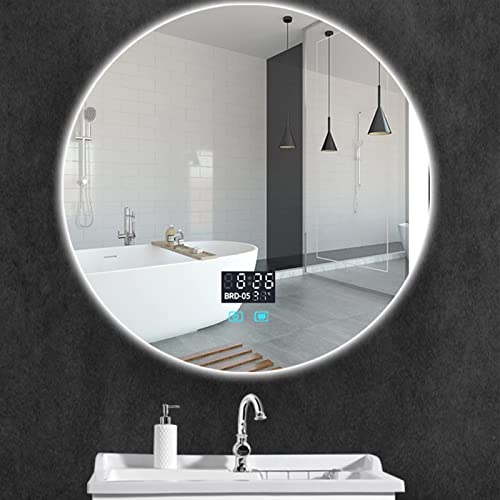 SGSG Espejos de baño antivaho, Pantalla de Temperatura y Tiempo, Interruptor táctil, luz Blanca cálida, LED, Espejo de baño, Espejo Colgante Redondo de Alta definición para Hotel, 6060 cm (23.623