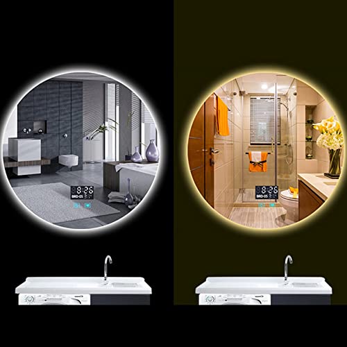 SGSG Espejos de baño antivaho, Pantalla de Temperatura y Tiempo, Interruptor táctil, luz Blanca cálida, LED, Espejo de baño, Espejo Colgante Redondo de Alta definición para Hotel, 6060 cm (23.623