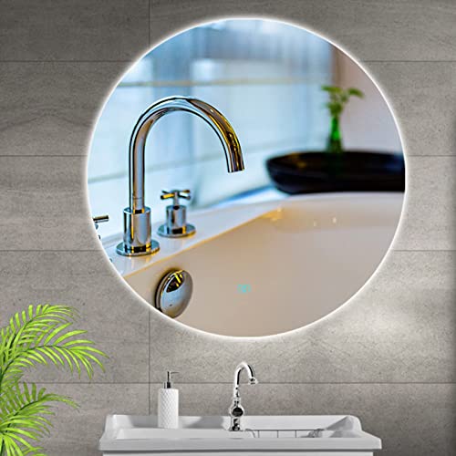 SGSG Espejos de baño antivaho, Pantalla de Temperatura y Tiempo, Interruptor táctil, luz Blanca cálida, LED, Espejo de baño, Espejo Colgante Redondo de Alta definición para Hotel, 6060 cm (23.623