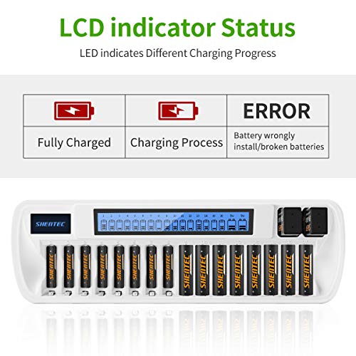 Shentec Cargador de Pilas AA AAA Ni-MH y 9V Ni-MH Li-Ion Cargador de batería Recargable,con LCD Inteligente y 18 Ranuras Recargue Mixto o Individual