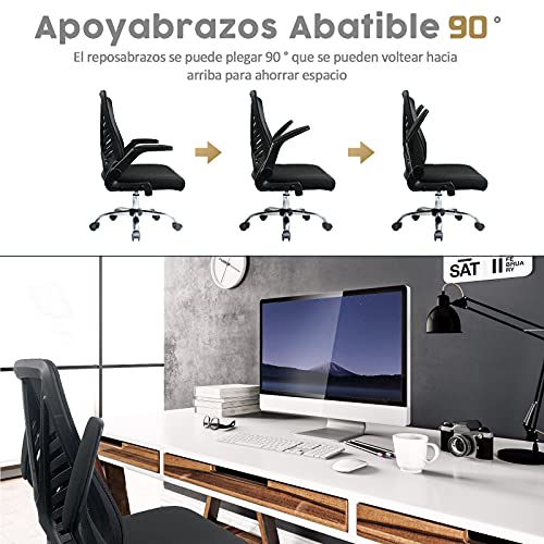 Silla de Oficina con Respaldo Plegable,Silla de Escritorio Ergonómica Silla Giratoria con Reposabrazos Plegables,Silla de Trabajo de Malla para Computadora, Carga máxima de 150 kg/ 330LB